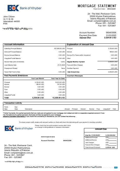 Download Pakistan The Bank of Khyber mortgage statement in Word and PDF formats Photoshop template